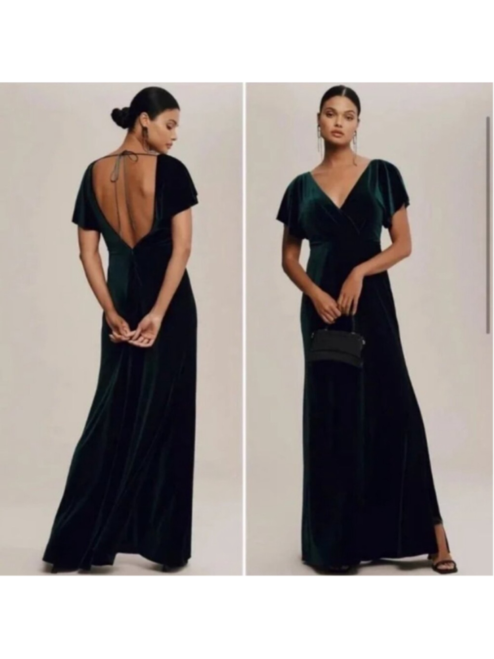 Jenny Yoo Ellis Flutter-Sleeve Open-Back Velvet Gown Size 6